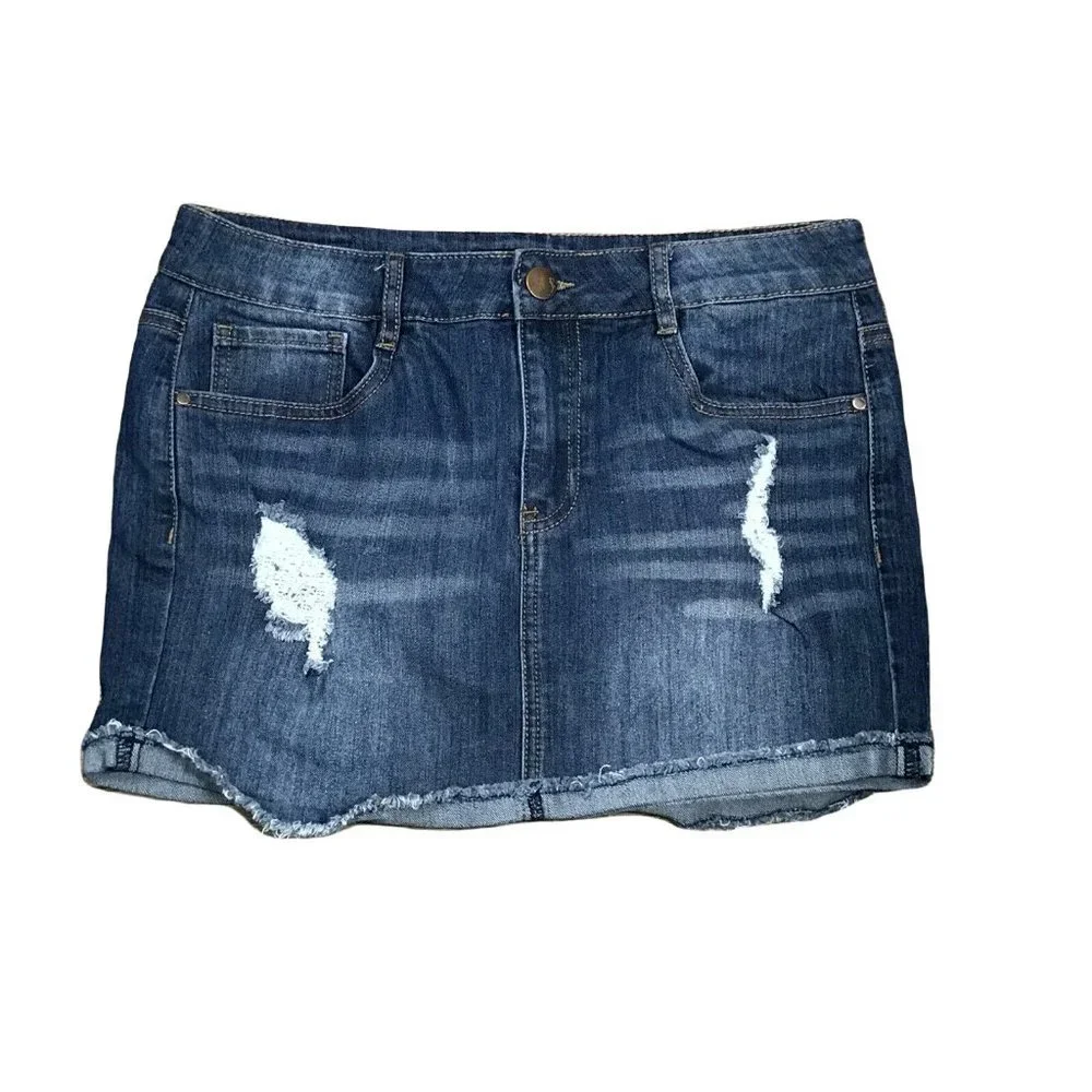Dollhouse Denim Jean Mini Skirt ~ Distressed ~ Blue ~ Sz 9 ~ 5 Pockets